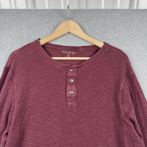 Sonoma Shirt Mens Large Burgundy Red Henley Waffle Knit Long Sleeve Thermal - Picture 3 of 8